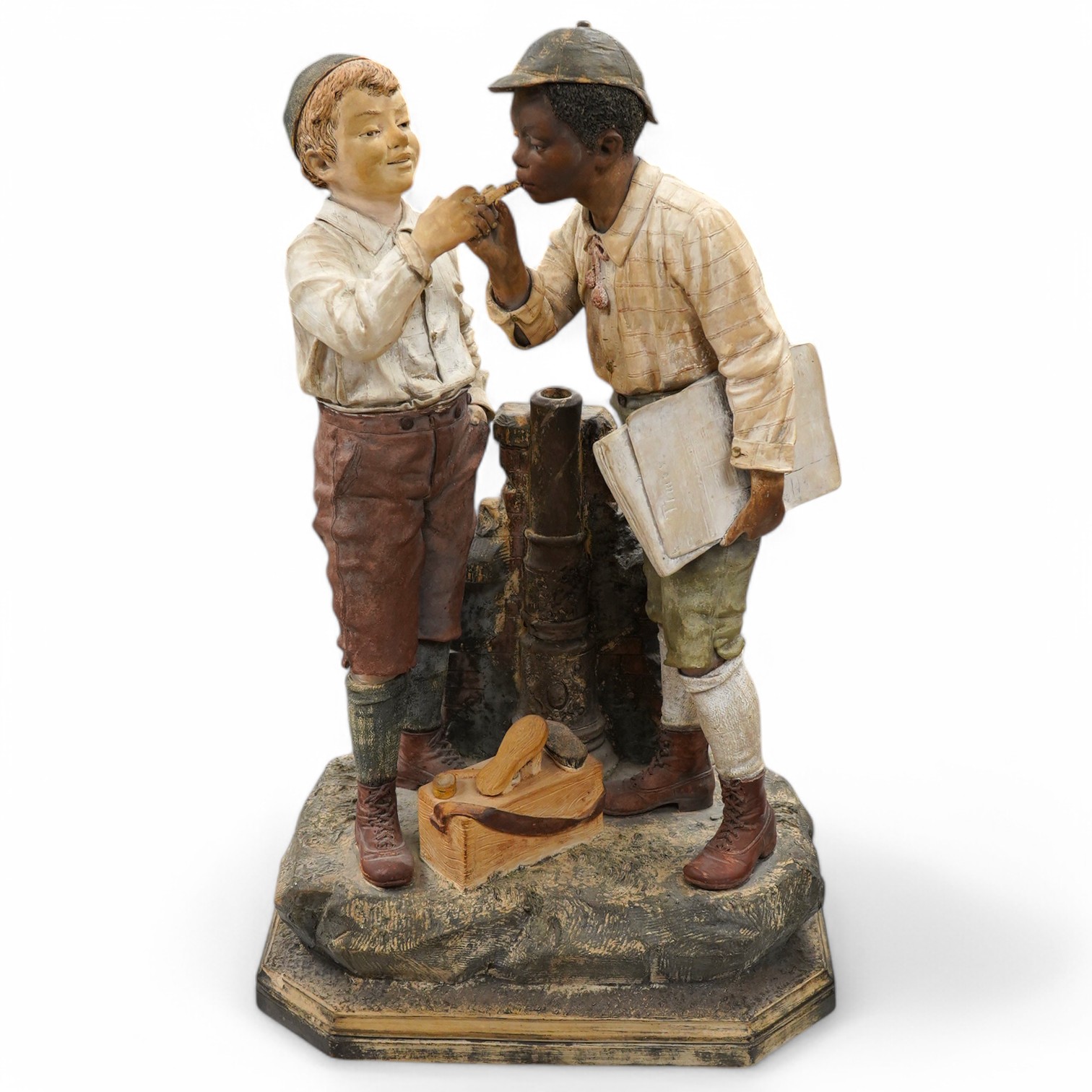 A late 19th century Johann Maresch figure group of two boys smoking. 55cm high. Condition - good